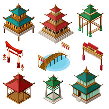 Asian Architecture With Pagoda, Gates And Bridges Isometric Vector Set
