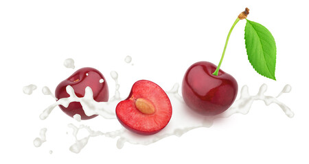 Sticker - Cherry in milk splashes isolated on white background.