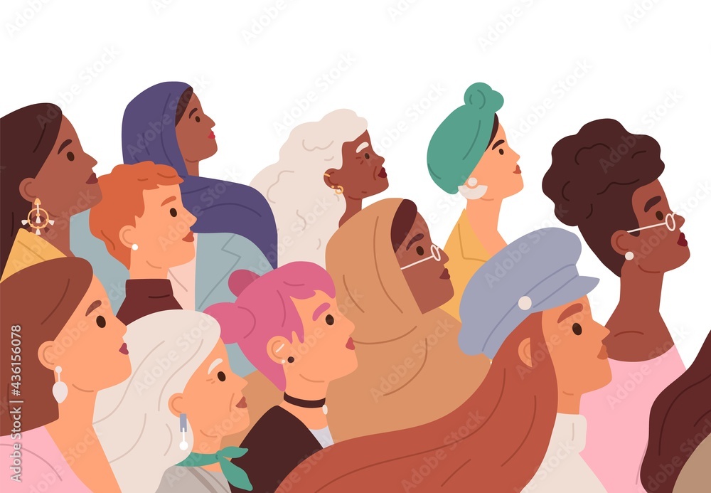 Women diversity, woman power, sisterhood, and feminism movement concept. Crowd profile of strong diverse multiracial females. Colored flat vector illustration of feminists isolated on white background - obrazy, fototapety, plakaty 