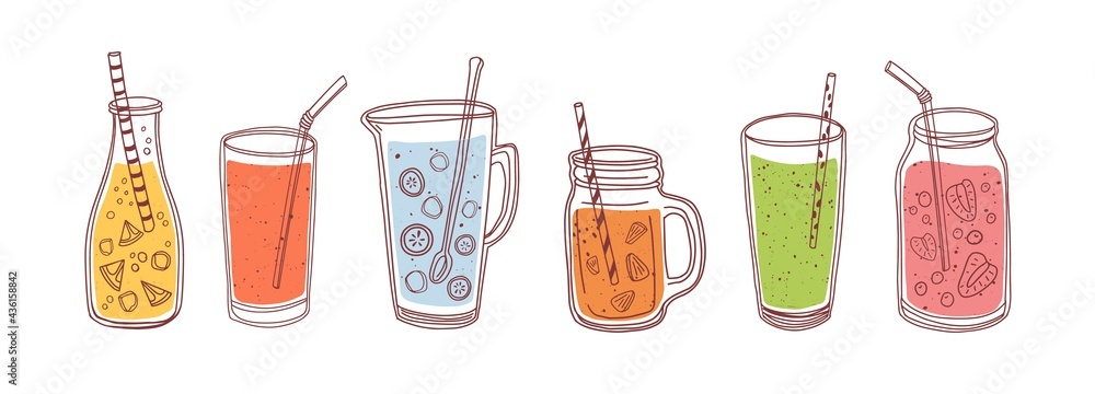 Set of detox drinks, fruit smoothies, organic lemonades in glass bottles, jars and jugs with straws. Refreshing summer homemade beverages. Colored flat vector illustration isolated on white background - obrazy, fototapety, plakaty 