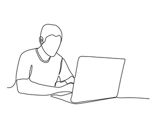 One line drawing of a man working with a laptop at the table. Trendy one line draw design graphic vector illustration.