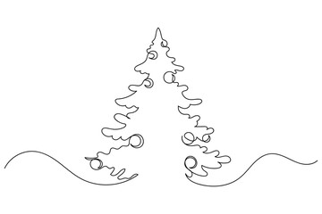 Continuous one line of christmas tree in silhouette. Linear stylized.Minimalist. Happy new year 2022 2023 2024 2025 concept