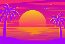 Vector Background With Sunset On The Beach With Palms For Banners, Cards, Flyers, Social Media Wallpapers, Etc.