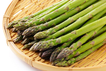 Sticker - ザルに盛った北海道産グリーンアスパラガス　Hokkaido green asparagus in a bamboo colander