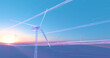Wind farm with multiple rotating wind turbine rotor blades and moving wind energy lines on a sunset sky background. 3D rendering. 