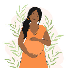 Wall Mural - Pregnant woman, future mom of African appearance, standing in nature and hugging belly with arms. Health, care, pregnancy, motherhood concept, Happy Mother's Day. Flat vector illustration.