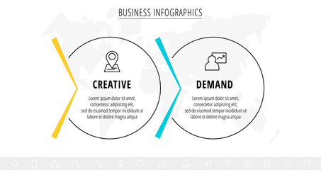Vector line infographics template for two colorful arrows and circles. Business concept with 2 elements and icons. Modern blank space for chart, content, step for step, timeline, diagram, web