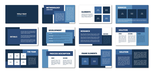Presentation template. Blue rectangles flat design, white background. 12 slides. Title, methodology, element, service, detail, development, research, solution, team, process description.