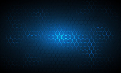 Dark blue technology hexagonal vector background. Abstract blue bright energy flashes under hexagon in dark technology, modern, futuristic vector illustration. Blue honeycomb texture grid.