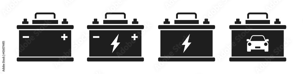 Car battery icon collection. Energy power accumulator. Automotive charge sign. Auto battery symbols isolated on white background. Vector illustration. - obrazy, fototapety, plakaty 