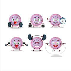 Poster - A healthy strawberry biscuit cartoon style trying some tools on Fitness center