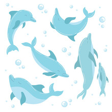 Flat Set Of Blue Dolphins On White Background. Vector Illustration With Cute Bubbles And Jumping Dolphins Underwater.