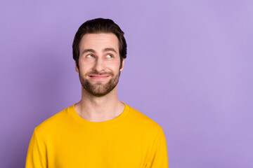 Sticker - Portrait of attractive cheerful sly creative man overthinking copy space isolated over pastel violet purple color background