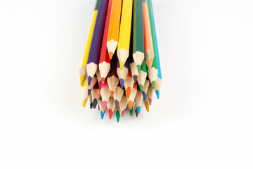 Wall Mural - stack of wooden colored crayons on white background