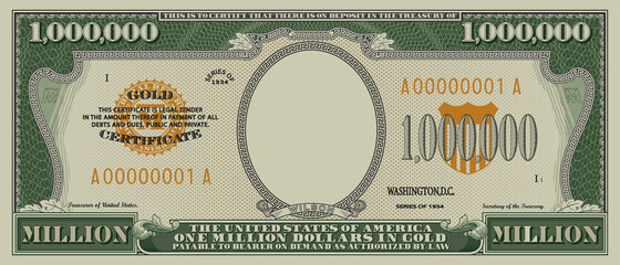 fictional obverse of a gold certificate with a face value of 1,000,000 dollars. us paper money one m
