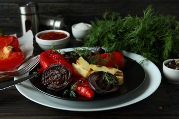 Concept of tasty eating with grilled vegetables, close up