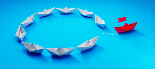 Circle of paper boats with red leader plane on blue background	