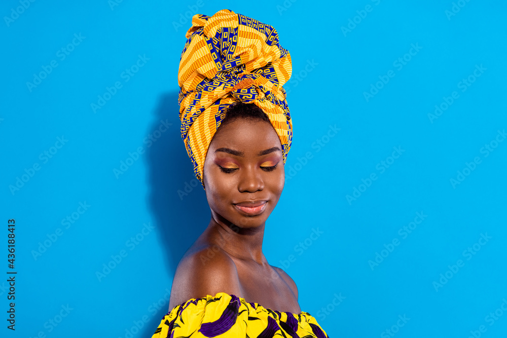 Profile photo of gorgeous satisfied dark skin person smile have good mood isolated on blue color background - obrazy, fototapety, plakaty 