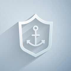 Sticker - Paper cut Anchor inside shield icon isolated on grey background. Paper art style. Vector