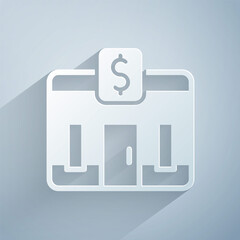 Sticker - Paper cut Bank building icon isolated on grey background. Paper art style. Vector