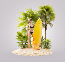 Poster - Unusual 3d illustration of beautiful slender female with surfboard on tropical island at the ocean.