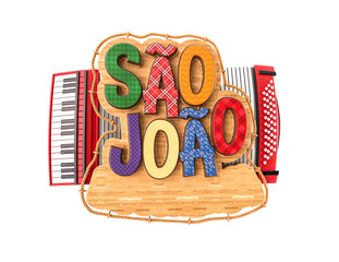 Sticker - Label for Brazilian June party. Name Sao Joao with accordion and wooden background with flags. Label isolated on white background. 3D illustration.