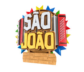 Wall Mural - Label for Brazilian June party. Name Sao Joao with accordion and wooden background with flags. Label isolated on white background. 3D illustration.