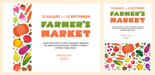 
Farmer's market poster template collection. Two colorful backgrounds made of vegetables and fruits drawn in a flat style. Vector 10 EPS.