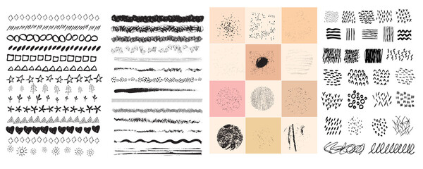 Set of hand drawn grunge vector design element for paintbrush texture. Paint brush strokes and black ink stains. Abstract spots, dots, lines, simple elements and waves isolated on white background