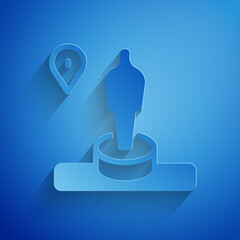 Poster - Paper cut Map pin and monument icon isolated on blue background. Navigation, pointer, location, map, gps, direction, place, compass, search concept. Paper art style. Vector