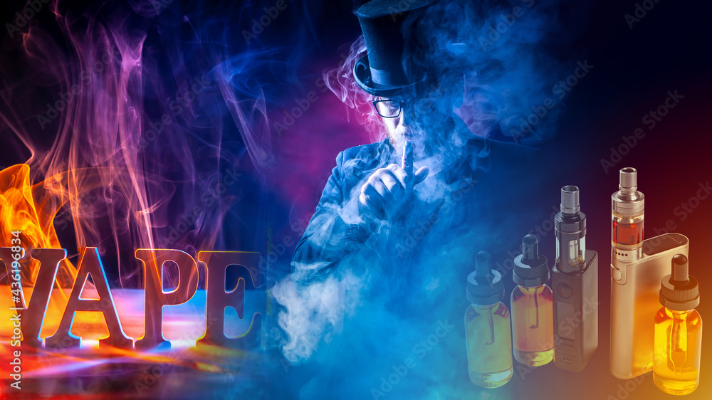 Vaping. The concept of Smoking electronic cigarettes in a dark color with smoke. Vapes and liquids next to the Vaper. VAPE label on a dark background. Stock Photo | Adobe Stock Vaping. The concept of Smoking electronic cigarettes in a dark color with smoke. Vapes and liquids next to the Vaper. VAPE label on a dark background. Stock Photo | Adobe Stock