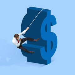 Wall Mural - Young man manager, finance analyst or clerk in office suit isolated on blue background. Collage, illustration