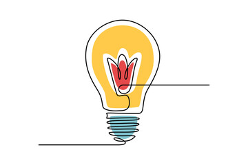 Aufkleber - Light bulb in One continuous line drawing. Lamp in lineart style. Editable stroke. Concept of creative idea for business logo, emblem, web banner. Colorful doodle vector illustration
