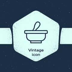 Poster - Grunge line Mortar and pestle icon isolated on blue background. Monochrome vintage drawing. Vector