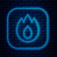 Sticker - Glowing neon line Fire flame icon isolated on brick wall background. Vector