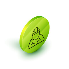 Poster - Isometric line Builder icon isolated on white background. Construction worker. Green circle button. Vector