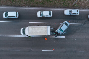 the car got into a traffic accident from a height. Shooting a road transport production from a drone