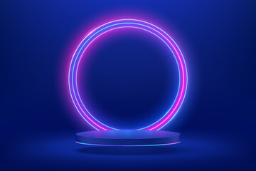 abstract shiny blue cylinder pedestal podium. sci-fi blue abstract room concept with circle glowing 