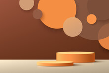 Abstract Dark Orange Cylinder Platform Podium. Circle Backdrop. Brown And Beige Color Minimal Wall Scene. Geometric Pedestal With Shadow. Vector Rendering 3d Shape For Product Display Presentation.