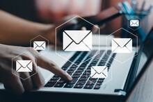 Marketing And Business Ideas Through Email, Email Or Newsletter. Email Marketing Or Newsletter Concept, Sending E-mails. Easy To Send And Receive Information Online.