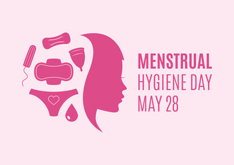 Menstrual Hygiene Day vector. Women's menstrual products icon set vector. Menstrual pad, tampon, cup icons vector. Young woman face profile pink silhouette vector. Important day