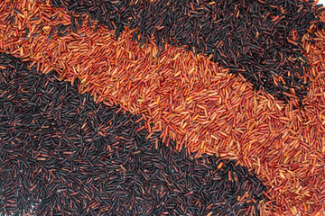 Raw food rice  with two rows of black and red rice for background