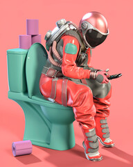 Wall Mural - astronaut sitting on the toilet with phone in hand. pink background. 3d illustration