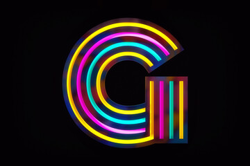 Letter G youth design style alphabet. Dark background and vibrant luminous colorful lines. 3D rendering.