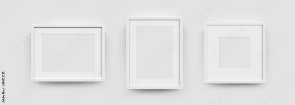 Photo picture frames on wall, vector white mockups or empty posters. Empty photo frames mockups for pictures or photograph, realistic 3D blank templates - obrazy, fototapety, plakaty 