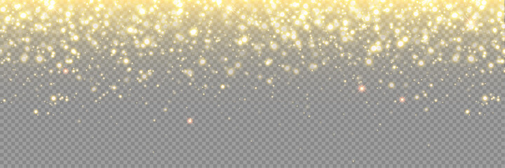 Wall Mural - Gold glitter background, particle sparkles and vector golden confetti rain. Abstract glitter gold light with glistering glow, Christmas glowing dust shine and magic shimmer