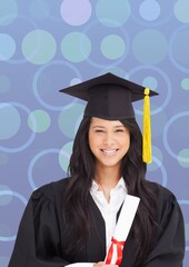 Wall Mural - Composition of happy asian female student with certificate in graduation hat on purple background