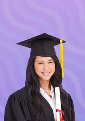 Wall Mural - Composition of happy asian female student with certificate in graduation hat on purple