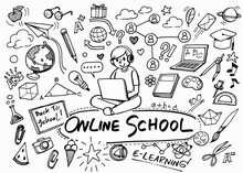 Set Of Doodle Online School Hand Drawn, Educations Set Elements For Your Design,educations Tools.-Vector Illustration