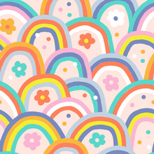 Boho Baby Summer Whimsical Rainbow Vector Seamless Pattern. Modern Groovy Hippie Abstract Arch Floral Confetti Vibrant Background. Childish Scandinavian Colourful Decorative Print Design